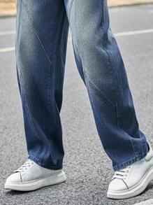 Manfinity Roughcore Men's Faded Denim Baggy Jeans With Square Patches - Blue - View 5