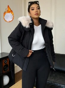 Calvaya 加大码短款设计可拆卸蓬松领加厚棉服外套，长袖，适合冬季衣服 - 黑色 - 查看 2