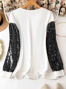 SHEIN LUNE Sudadera informal de talla grande con estampado de cascanueces de parches y lentejuelas en contraste para otoño, jersey de punto para el otoño - Blanco y Negro - Ver 2