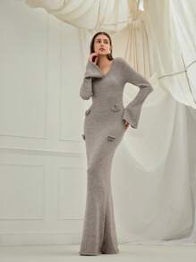 Enchnt Women's Elegant Solid Color 3D Floral Decoration Trumpet Sleeve Maxi Sweater Dress, Christmas Sweater, Party Dress, Thanksgiving Women's Dress, Christmas Dress, Autumn And Winter Women's Dress, Church Dress - Grey - View 1