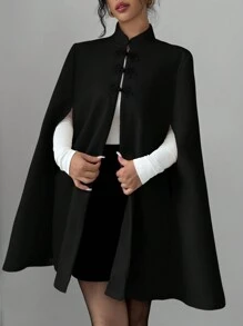Selianne 优雅立领拼色中国风纽扣装饰斗篷长袍女士加厚秋冬披肩连衣裙外套女冬装 - 黑色 - 查看 3