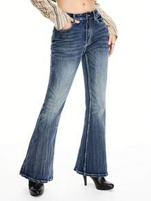 ROMWE Grunge Punk Jeans acampanados de tiro bajo de mujer con estiramiento, decorados con estampado retro de leopardo, bordado y cristales, estilo Y2K de Shibuya - Azul - Ver 3