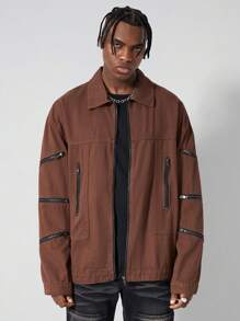 ROMWE MEN Street Life Veste en jean décontractée style rétro et casual ample avec fermeture éclair pour hommes - Tabac - Voir 6