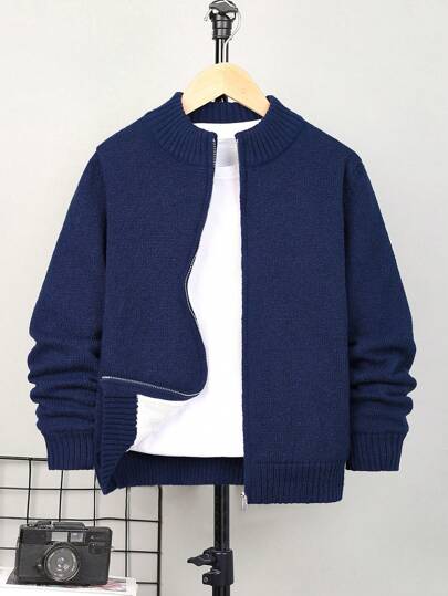 SHEIN Tween Boy Thermal Lined Stand Collar Warm Knit Cardigan Sweater, Casual For Outdoor Sports, School, All-Match Versatile For Autumn/Winter