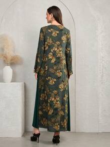 Al Najma Women's Daily Casual Traditional Contrast Color Striped Print Elegant Loose Dress Kaftan Jalabiya Dress - Dark Green - View 2