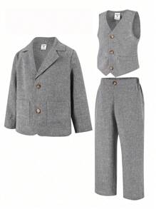 3pcs Young Boys' Leisurely Collegiate Blazer With Lapel, Sleeveless Fitted Vest, And Solid Color Straight Leg Pants Woven Gentleman's Suit, Suitable For Weddings, Christmas Parties, Outings, And Daily Gatherings, Autumn/Winter - Dark Grey - View 10
