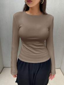 DAZY Áo thun nỉ trơn màu đơn giản cho nữ, áo thun nữ dài tay thời trang thu đông, lót nhiệt - Lạc đà - Xem 4