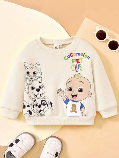 CoComelon X SHEIN 男婴可爱卡通字母印花休闲保暖运动衫，杏色