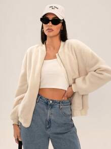 SHEIN SXY Ropa de mujer para otoño; Chaqueta de mujer retro de unicolor albaricoque con forro mullido de manga larga, abrigo casual regular simple para uso diario, abrigo de invierno grueso y cálido con pelaje, ropa de mujer para el Día de Acción de Gracias, chaqueta de invierno para mujeres, ropa de otoño para mujeres, adecuada para viajes diarios, citas y ocasiones de regreso a la escuela; Caqui, con cremallera, peludo, forro, bolsillos deslizantes - Blanco - Ver 1