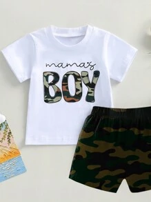 SHEIN GraphicGems Bộ 2 áo len in chữ ngụy trang "Em bé dễ thương" và quần short thể thao cho bé trai - trắng - Xem 3