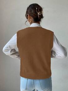 Chiquease V Neck Cable Knit Sweater Vest - Coffee Brown - View 2