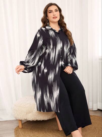 Lacomfia 2pcs/Set Plus Size Casual Commute Minimalist Long Shirt With Random Print, Stylish 2 Pieces Set Fall Cloth For Women