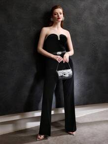 MOTF PREMIUM VELVET CONTRAST RHINESTONE TRIM TUBE JUMPSUIT WITH BELT - Black - View 7
