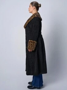 SHEIN EZwear 大码蓬松领棕色外套，秋冬 - 黑色 - 查看 4