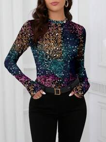 Glamance Warp Atelie Women Multicolor T-Shirts Long Sleeve Round Neck Casual Christmas,Plain,All Over Print,Colorblock Summer Outfits For Women Graphic Tee For Women Going Out