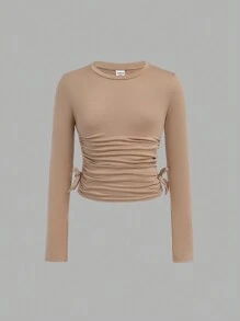 SHEIN Girlism 4pcs/Set Tween Girls Slim Fit Casual Comfortable Wave Collar Heart Print Long Sleeve T-Shirts - Brown - View 6