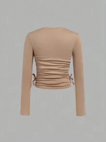 SHEIN Girlism 4pcs/Set Tween Girls Slim Fit Casual Comfortable Wave Collar Heart Print Long Sleeve T-Shirts - Brown - View 10