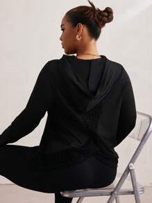SHEIN Sport Studio Plus Size Hoodie Sweatshirts With Fleece Leopard Print And Mesh Splice Back Design, Long Sleeve