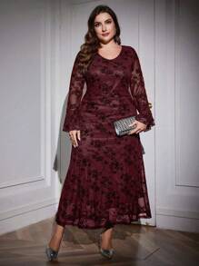 Modelyn Plus-Size Burgundy Round Neck Long Sleeve Elegant Dress,Autumn Floral Print A-Line Casual Maxi Dresses For Evening Wedding Guest Party Outfit - Burgundy - View 3