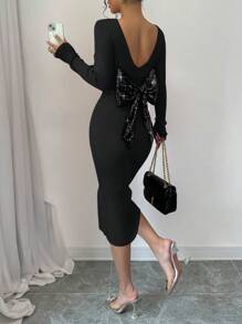 Chiquease Nuevo vestido de punto ceñido para mujer con cuello redondo, manga larga y lazo