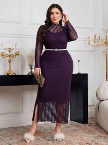 Modelyn 大码优雅纯色蕾丝连衣裙，秋季长款晚礼服 - 紫色 - 查看 5