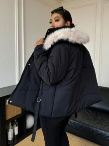 Calvaya 加大码短款设计可拆卸蓬松领加厚棉服外套，长袖，适合冬季衣服 - 黑色 - 查看 1