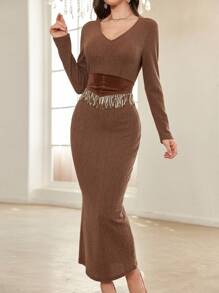 Modelyn 紧身性感长袖流苏拼接紧身连衣裙女式超长女士装长款晚礼服 - 咖啡 - 查看 1