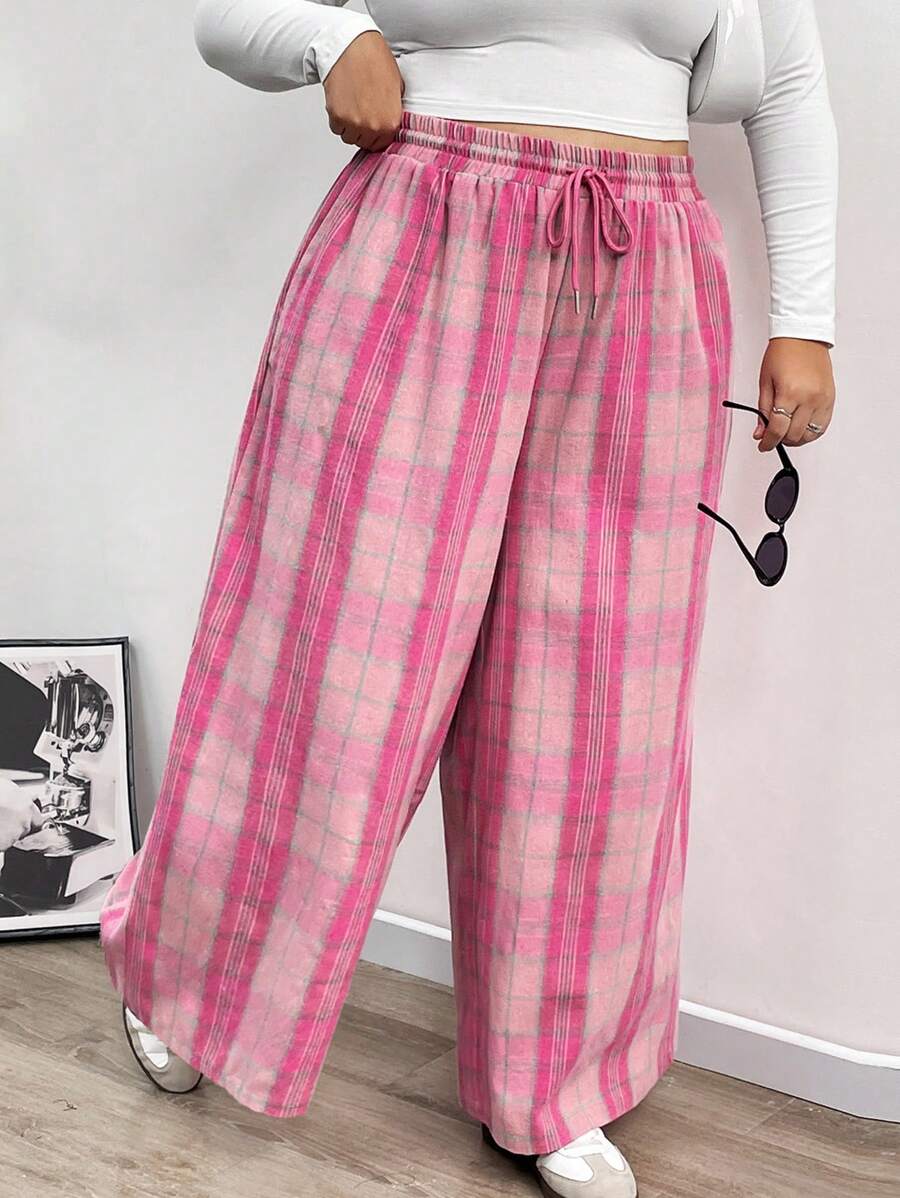 SHEIN CURVE+ Quần ống đứng cạp chun kẻ caro cho nữ, mùa thu/đông, cỡ lớn - Nhiều màu - Xem 1