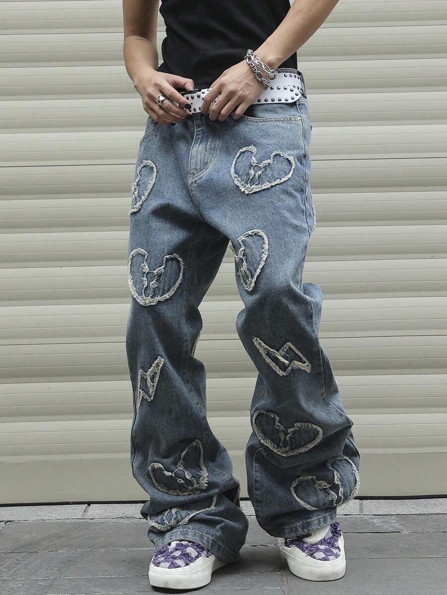 Manfinity EMRG Jeans holgados rectos casuales con bolsillo con diseño de corazón deshilachado para hombre