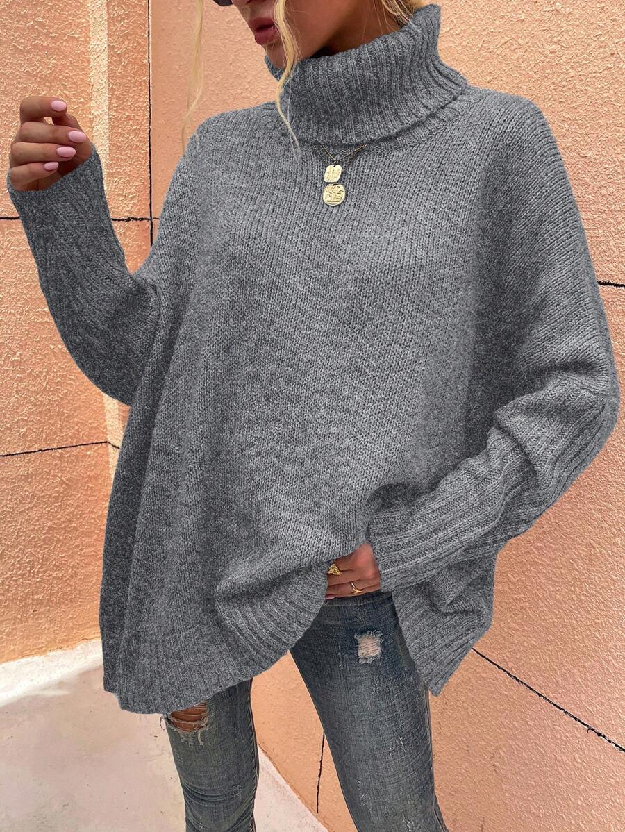 SHEIN PETITE 女士纯色高领蝙蝠袖休闲毛衣，适合秋冬季 - 灰色 - 查看 1