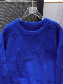 Suéter azul de cuello redondo con efecto de jacquard casual para niño preadolescente, adecuado para otoño, primavera e invierno, apropiado para juegos al aire libre, escuela, fotografía callejera, fiestas y ocio, alta relación calidad-precio