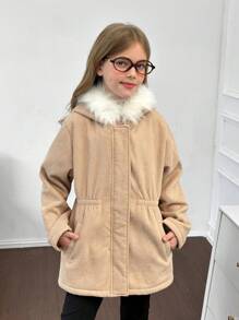 Tween 女童休闲灯芯绒蓬松拼布连帽口袋长袖夹克 秋冬季 - 棕色 - 查看 1