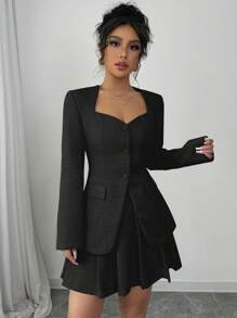 Selianne Women V-Neck Pink Fitted Blazer + Pleated Mini Skirt 2 Pieces Suit Set, Autumn Fall Cloth For Women - Black - View 4