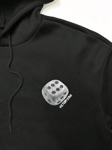 Manfinity EMRG Men's Casual Letter & Dice Print Hoodie Sweatshirt, Autumn Going Out Black Long Sleeve Hoodie, For Friends, Husband, Boyfriend Gifts