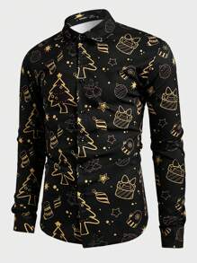 Manfinity AFTRDRK Plus Size Men Digital Print Turn Down Collar Long Sleeve Shirt, Christmas - White - View 3