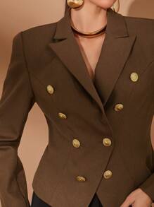Lumalex Wedding Anniversary Spring Festival Party Season Valentine's Day Double-Breasted Metal Button Lapel Cinched Waist Fitted Women Blazer Jacket - Coffee Brown - View 8