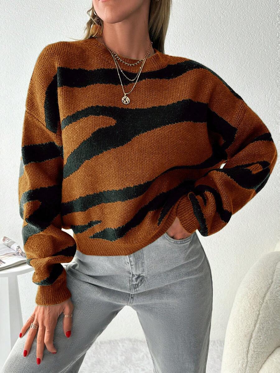 EURMUSE Women Casual Loose Drop Shoulder Tiger Pattern Sweater - Brown - View 1
