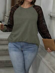 SHEIN LUNE Plus Size Women's Lace Patchwork Round Neck Raglan Sleeve Long Sleeve Sweatshirt, Autumn Graduation,Back To School,Teacher Pullover Fall - Green - View 1