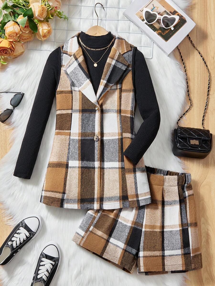 Retro American Style Plaid Sleeveless Collar Shorts Suit For Teenagers
