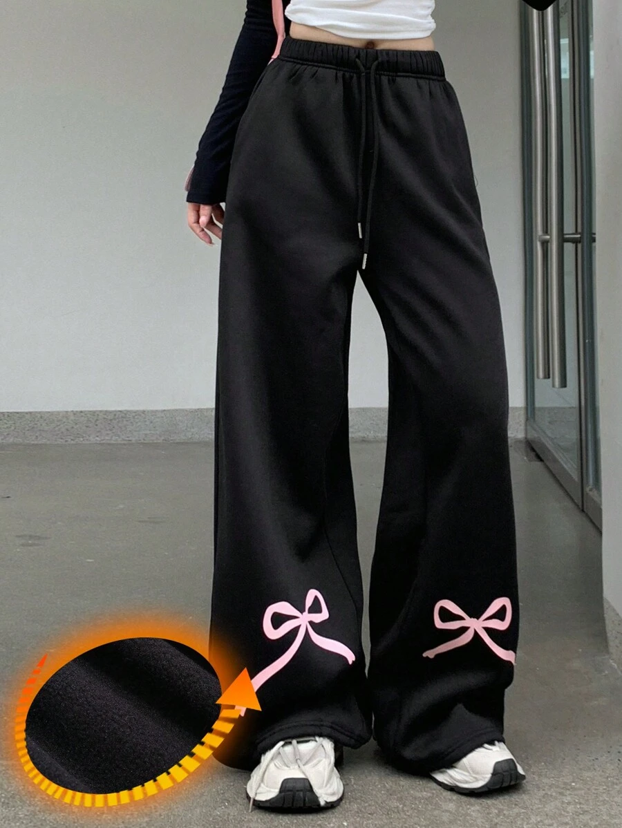 DAZY 女士弹力腰带蝴蝶印花直筒宽松运动裤，带保暖内衬 - 黑色 - 查看 1
