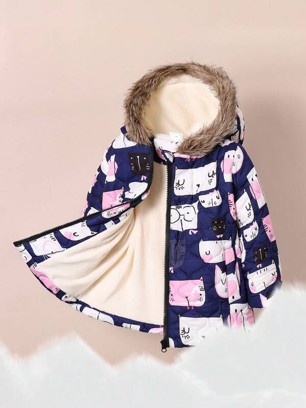 Baby Girls Thickened Padded Jacket, Cartoon Full Print Mid-Length Hooded Coat For Outdoor Sports, Autumn/Winter