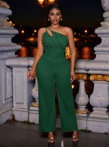 Slaydiva New Elegant Party Daily Date Shoulder Double Spaghetti Straps Bead Metal Decoration Straight Extra Long Pants Jumpsuit-W - Dark Green - View 5