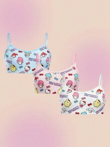 HELLO KITTY AND FRIENDS | SHEIN Tween Girl 3pcs/Set Cute Kitty Print Cami Top, Blue, Pink And White