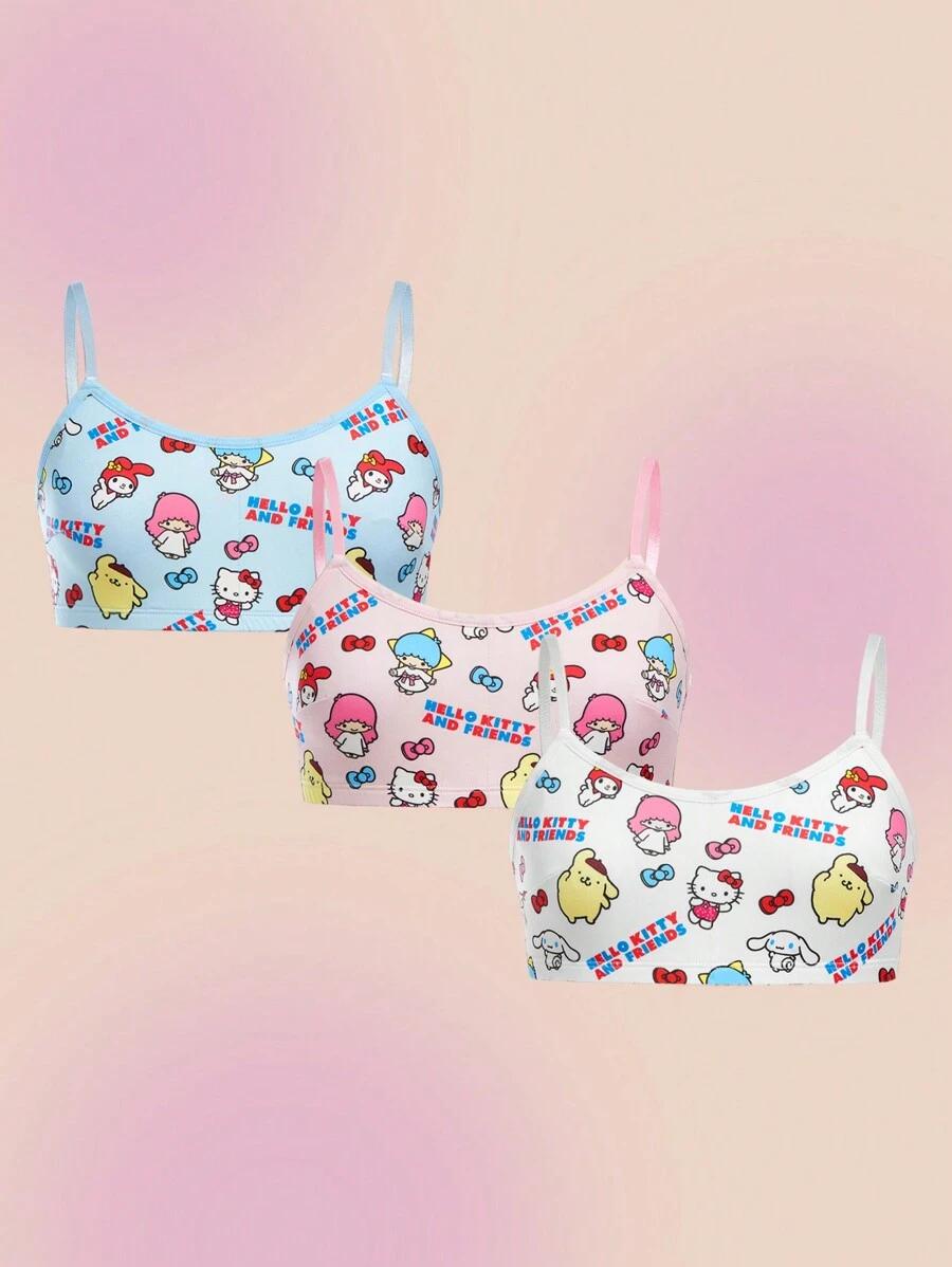 HELLO KITTY AND FRIENDS | SHEIN Tween Girl 3pcs/Set Cute Kitty Print Cami Top, Blue, Pink And White