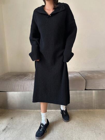 DAZY 女士纯色宽松V领毛衣裙，秋季服装