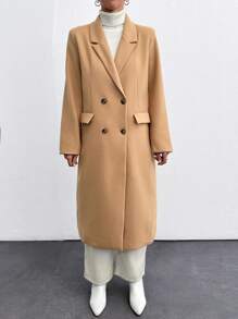 SHEIN Cottnline Women's Solid Double-Breasted Elegant Long Sleeve Overcoat, Autumn/Winter - Khaki - View 1