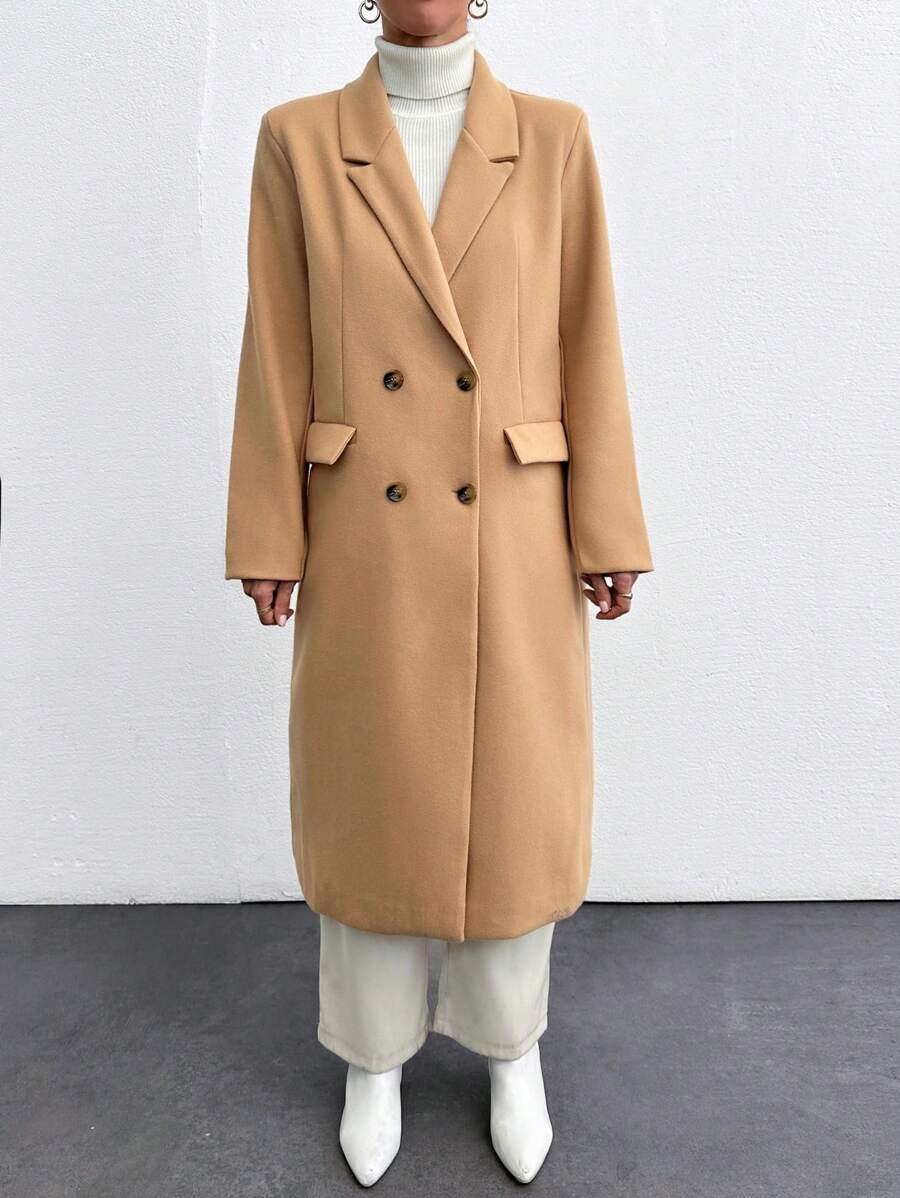 SHEIN Cottnline Women's Solid Double-Breasted Elegant Long Sleeve Overcoat, Autumn/Winter - Khaki - View 1