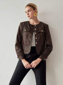 MOTF PREMIUM PU LEATHER FLAP DETAIL SINGLE BREASTED PLACKET JACKET - Brown - View 3