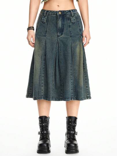 Grunge Punk Y2K Vintage Distressed Wash Low Waist Double Waistband Denim Mini Skirt