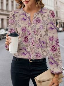 Glamance N_Standard 女士多色衬衫长袖缺口波西米亚风花卉、纯色、全身印花、植物夏季女装夏季上衣外出装 - 彩色 - 查看 3